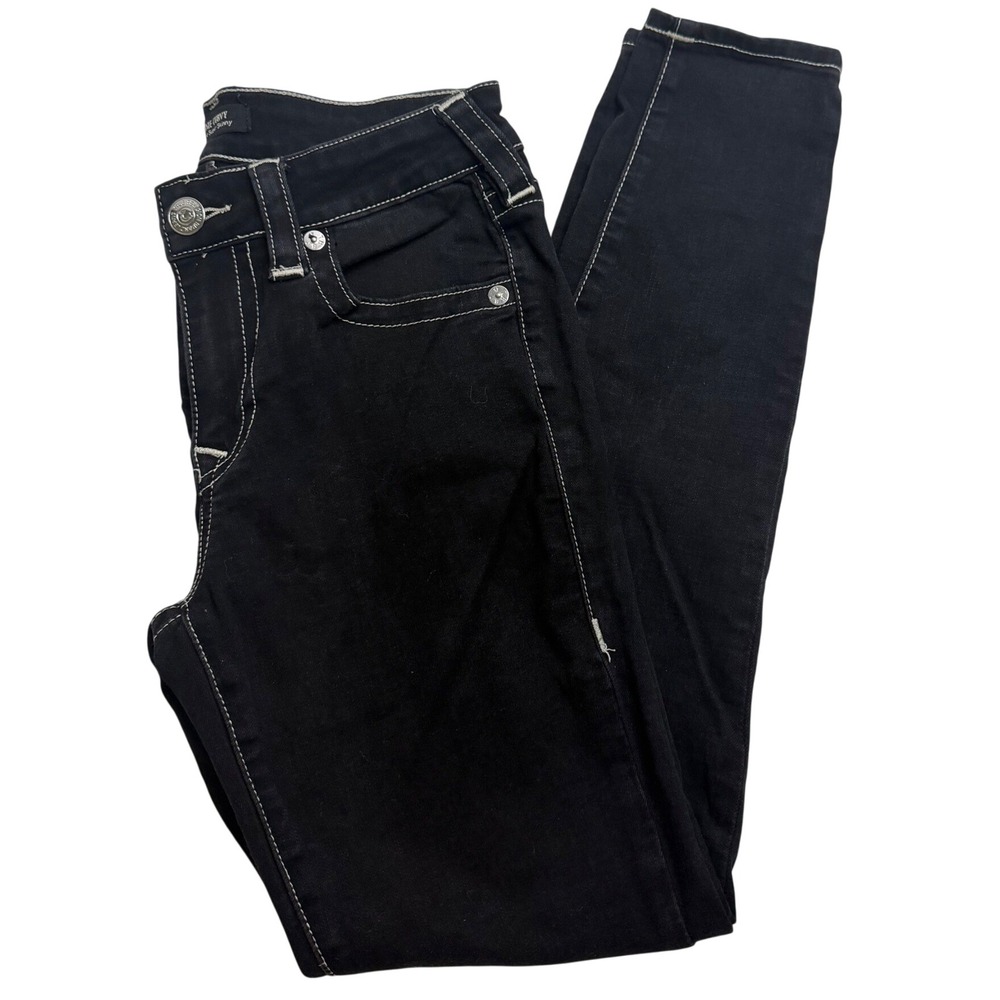 True Religion Jennie Curvy Mid Rise Super Skinny Black Contrast Stitch Jeans 27
